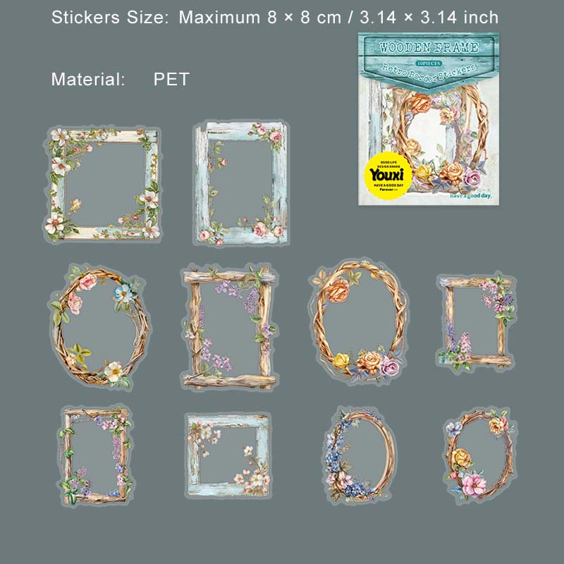 10 Pcs Wooden Frame PET Stickers SYMK