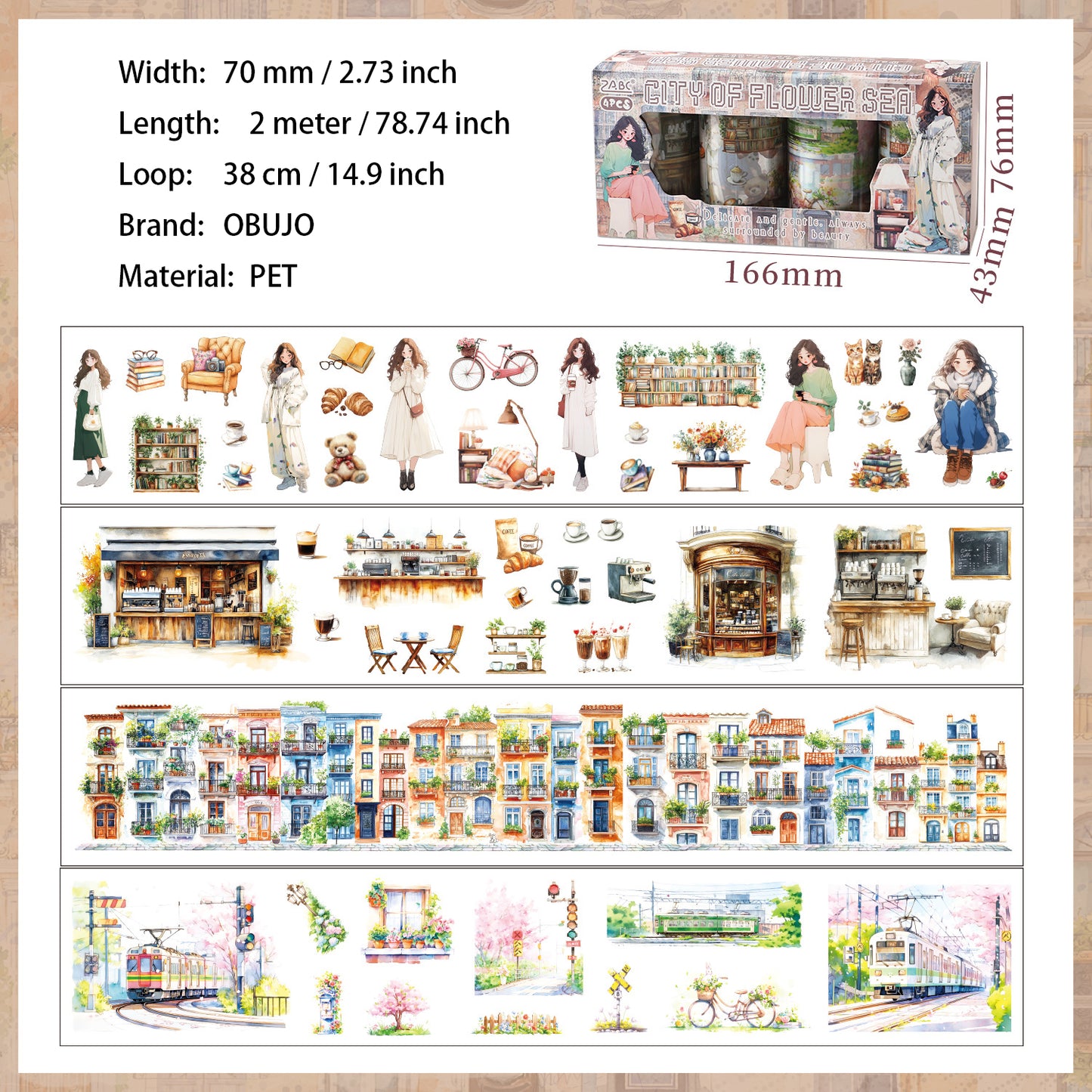 4 Rolls City Landscape PET Tapes Set HXFQ