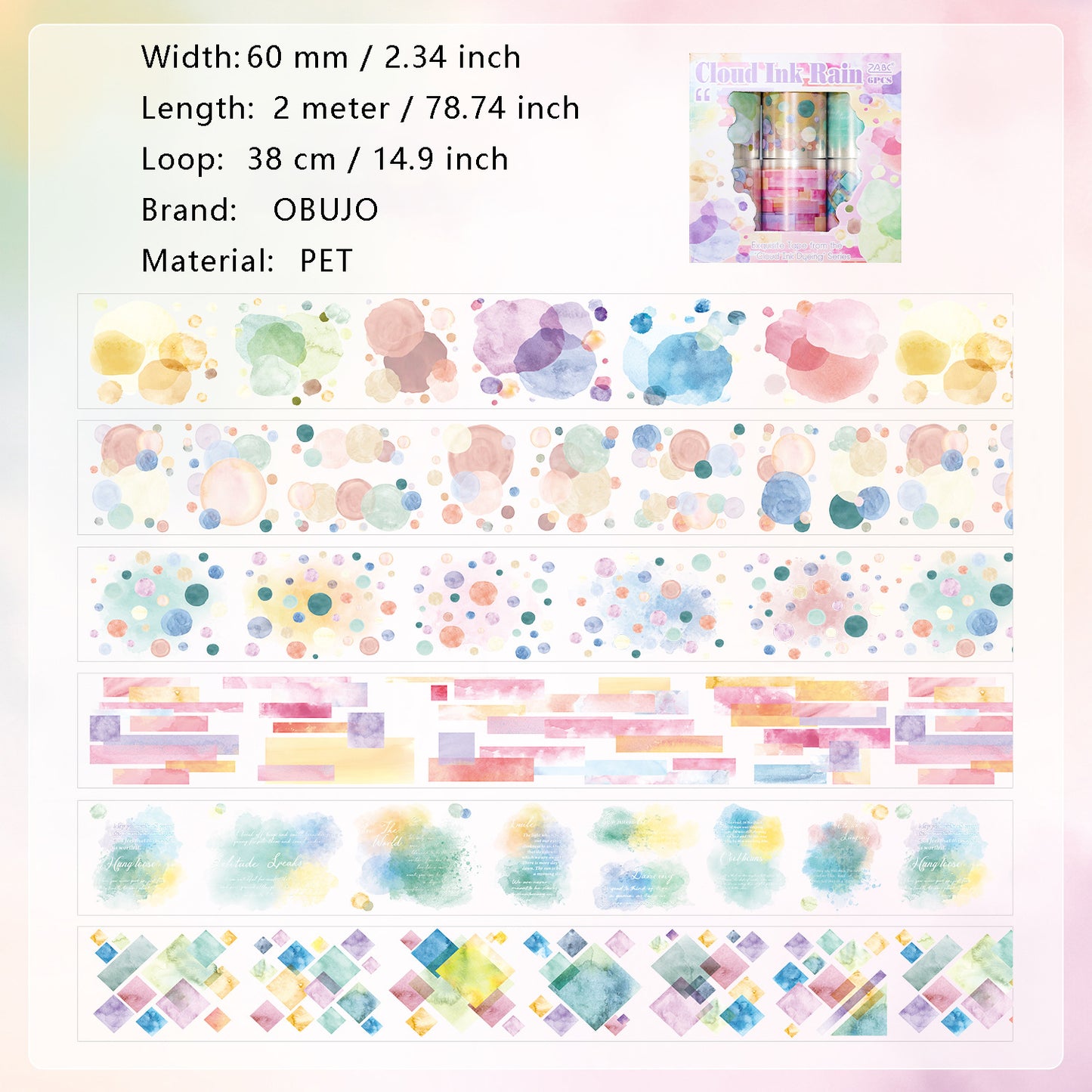 6 Rolls Watercolor PET Sticker Tapes Kit YSMR