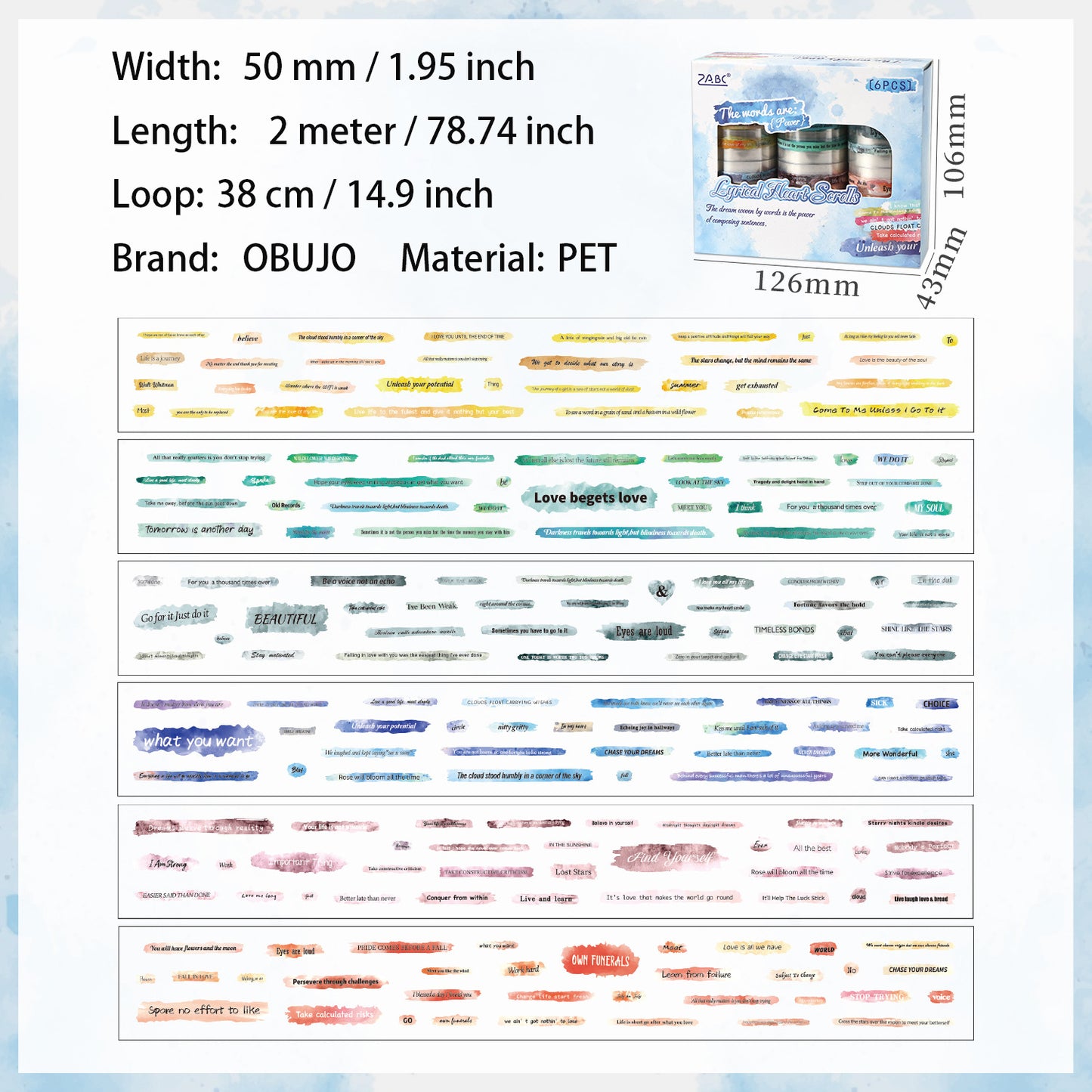 6 Rolls Waterclor Words Sentence Stickers Tapes Set CHTTL