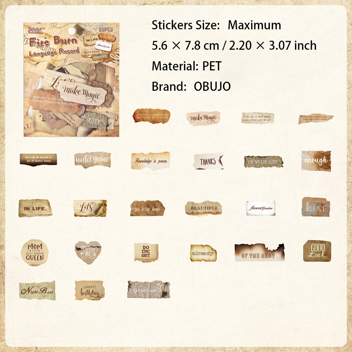 25 Pcs Vintage Words PET Stickers HYYL