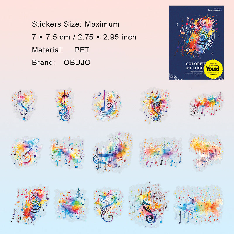 15 Pcs Watercolor Musical Notes PET Stickers CSXL