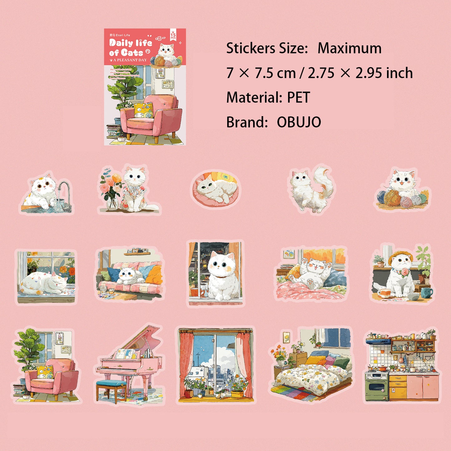15 Pcs Cozy Cat PET Stickers MMRC