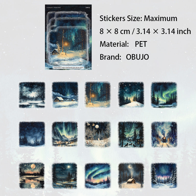 15 Pcs Winter Aurora Themed PET Stickers XJSP