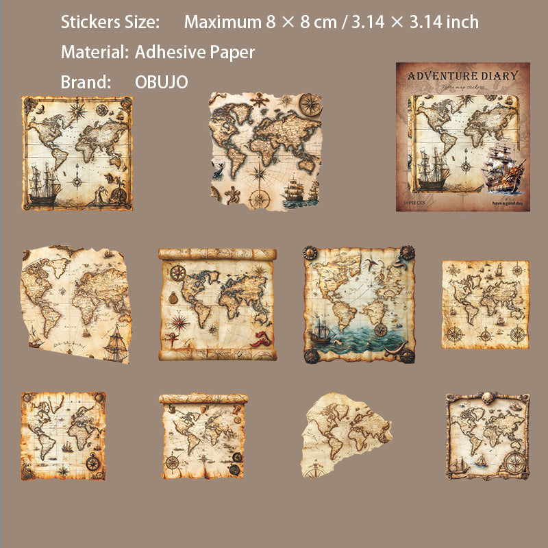 10 Pcs Vintage Map Journal Stickers TXRJ