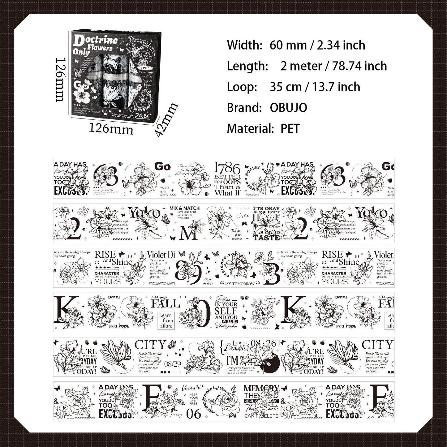 6 Rolls Vintage Floral Letter Number PET Tapes Set MBHJ