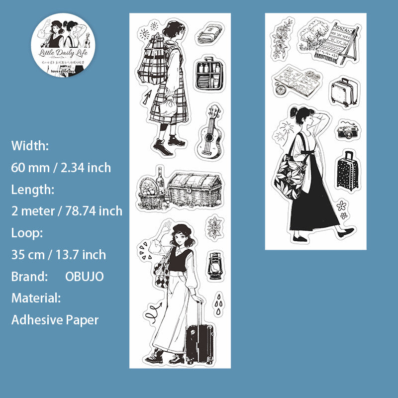 1 Roll Black White Girl Daily Washi Stickers Tape XRCX