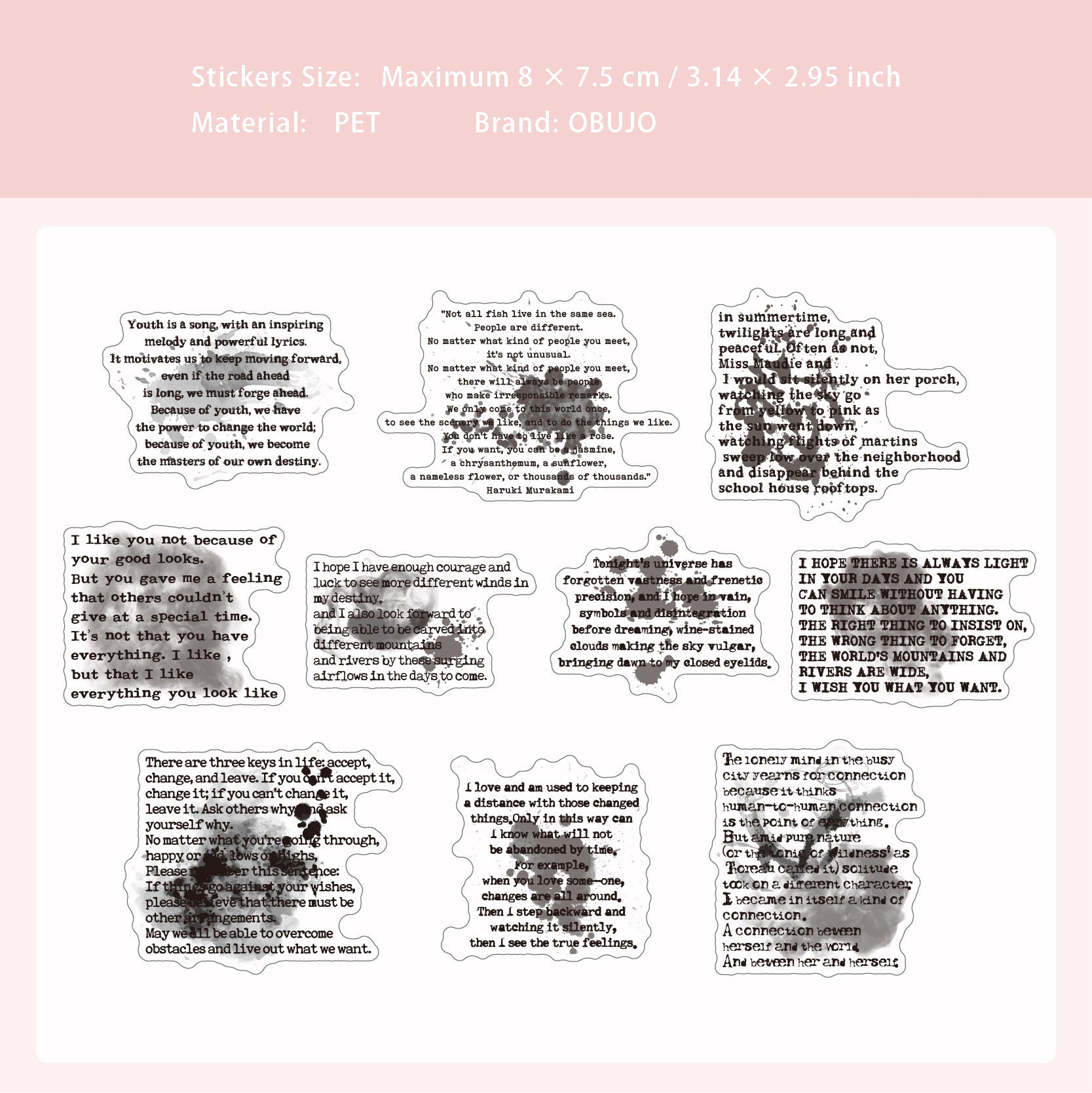 20 Pcs Ink and Quote PET Stickers MRXL