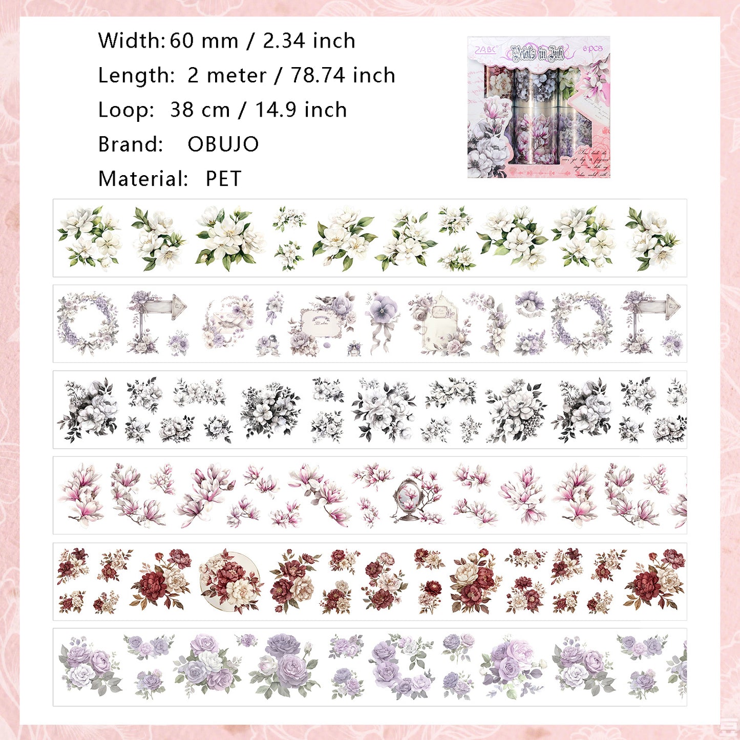 6 Rolls Flower PET Sticker Tapes Kit SYHZ