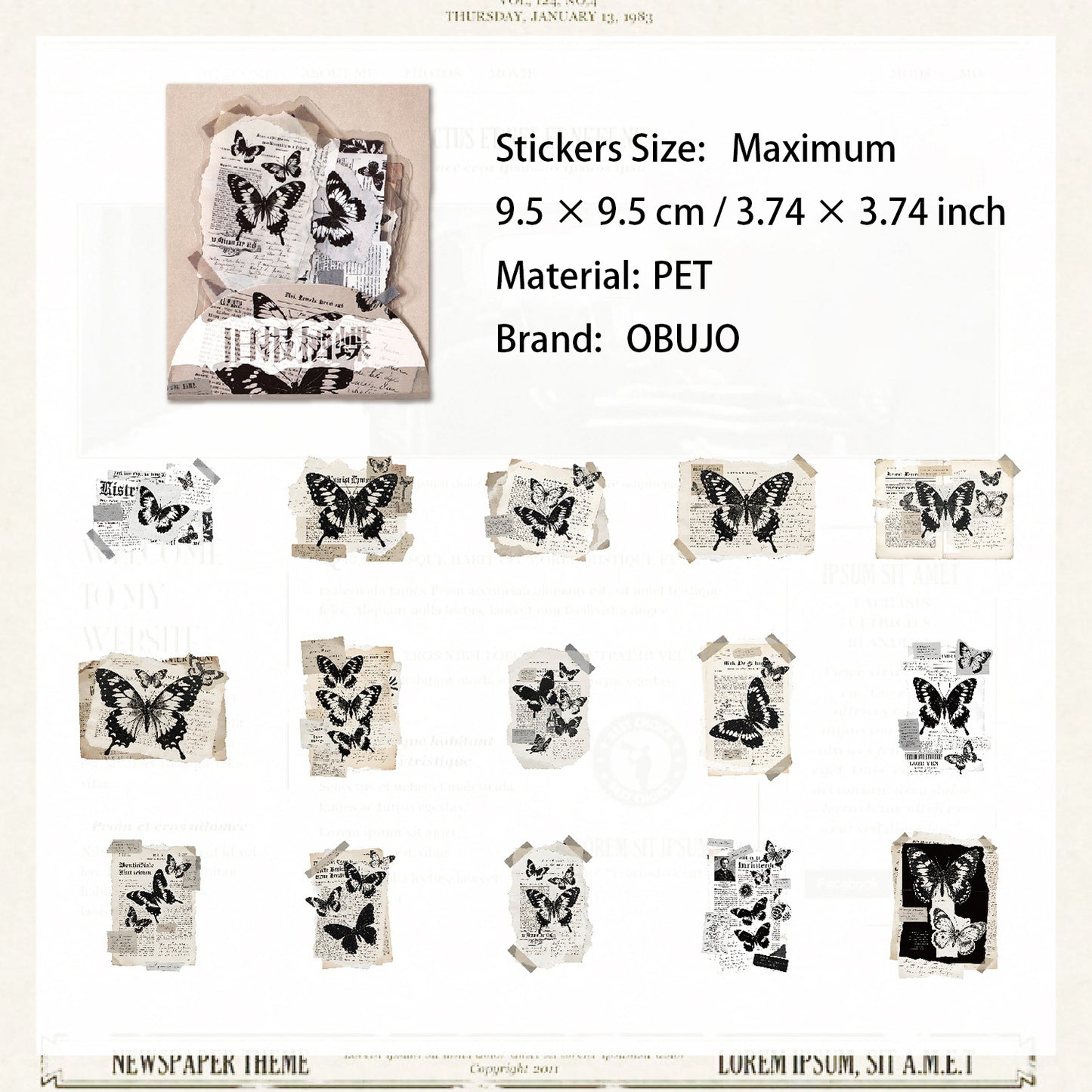 15 Pcs Vintage Newspaper PET Stickers PTJC