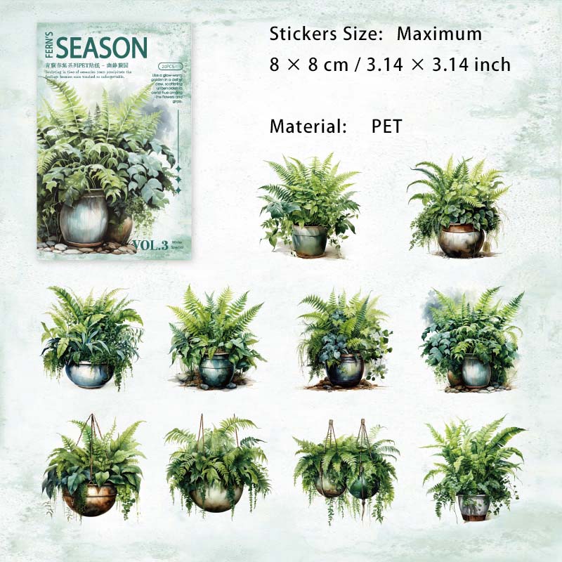 20 Pcs Green Plants Ferns PET Stickers QJCJ
