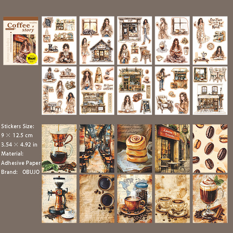 20 Sheets Coffee Themed Paper and Stickers Book KFGGU