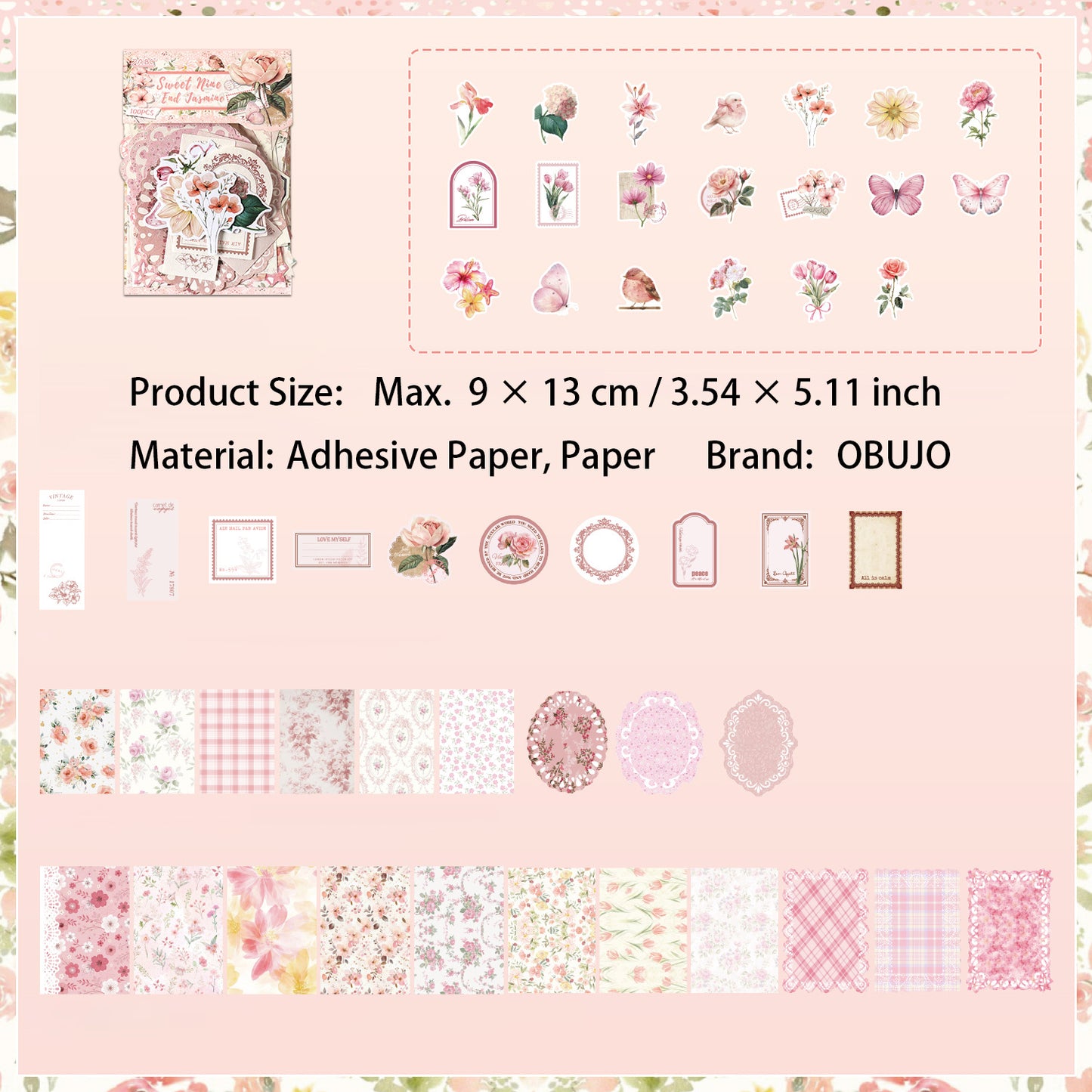 100 Pcs Floral Journal Paper and Stickers Starter Kit HJJS
