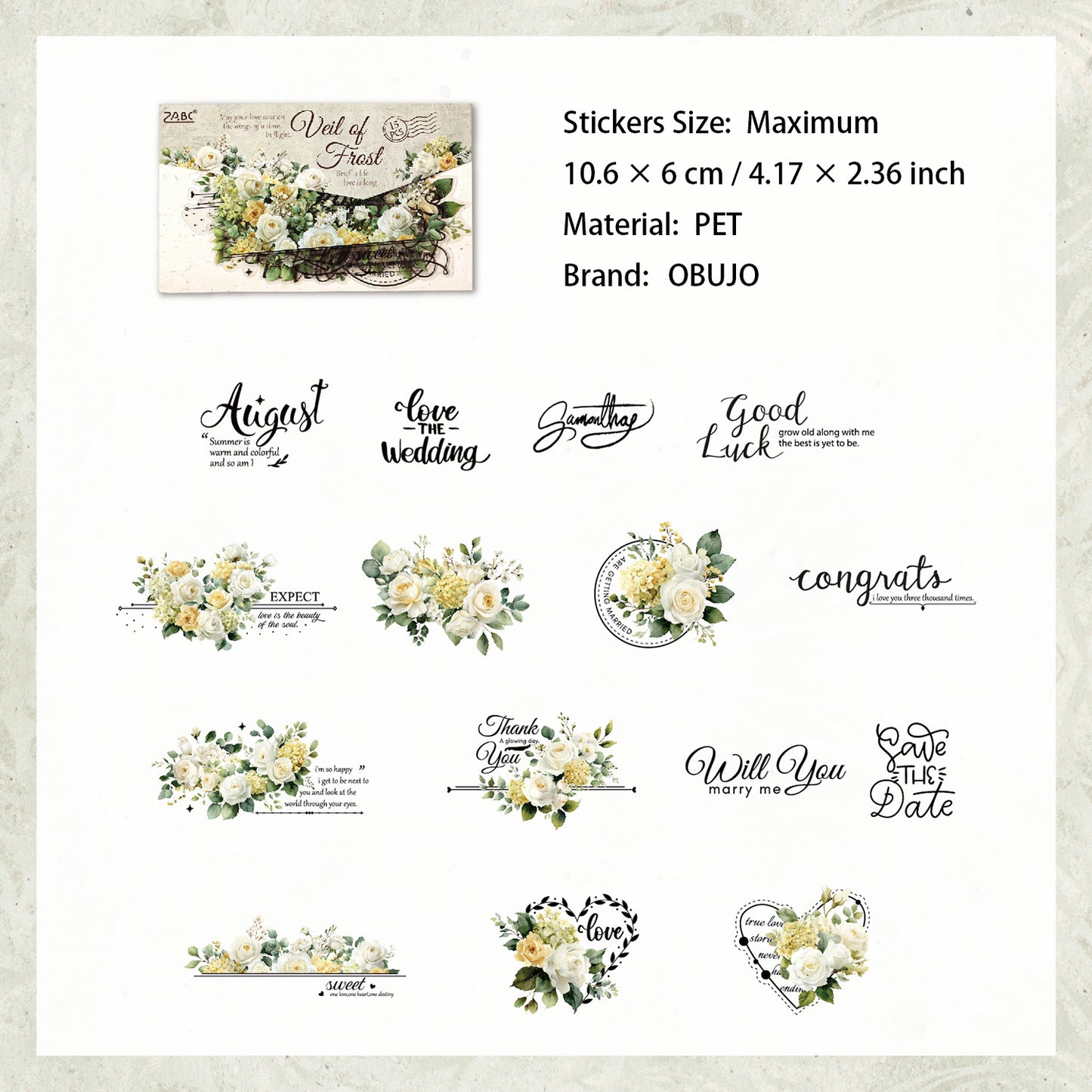 15 Pcs Flower and Words PET Stickers TYSY