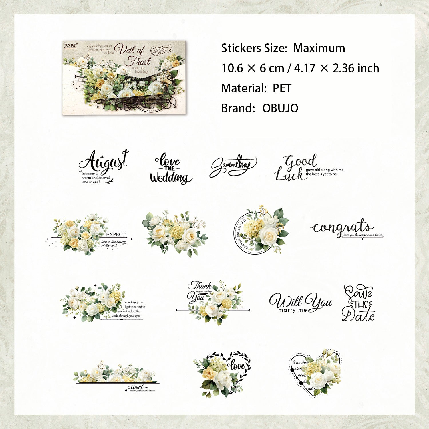 15 Pcs Flower and Words PET Stickers TYSY