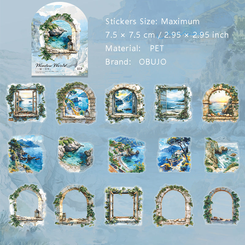 15 Pcs Windows Landscape PET Stickers YCYSJ