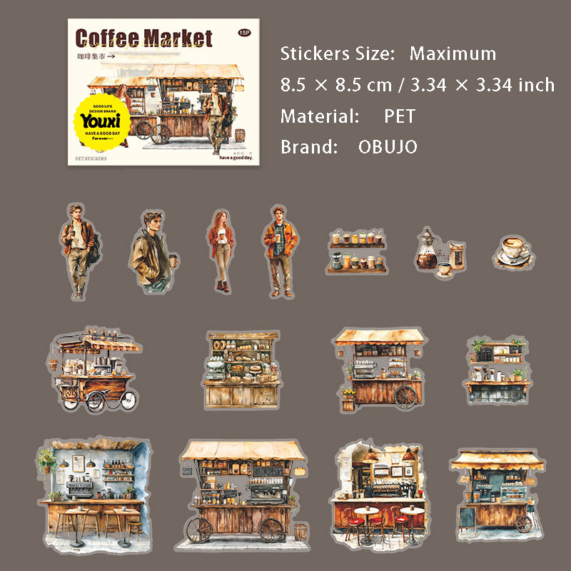 15 Pcs Coffee Theme PET Stickers KFJS