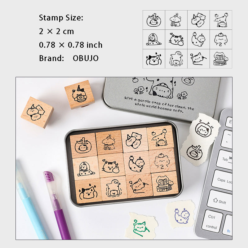 12 Pcs Cat Wooden Stamps Kit YXMM