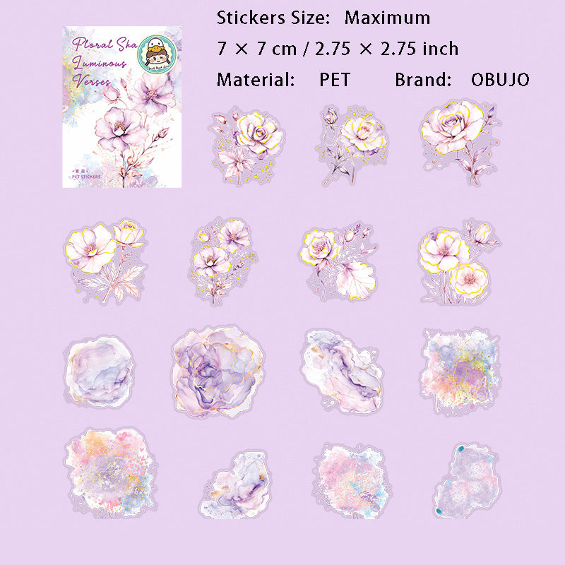 15 Pcs Glitter Watercolor Flower PET Stickers HYHZ