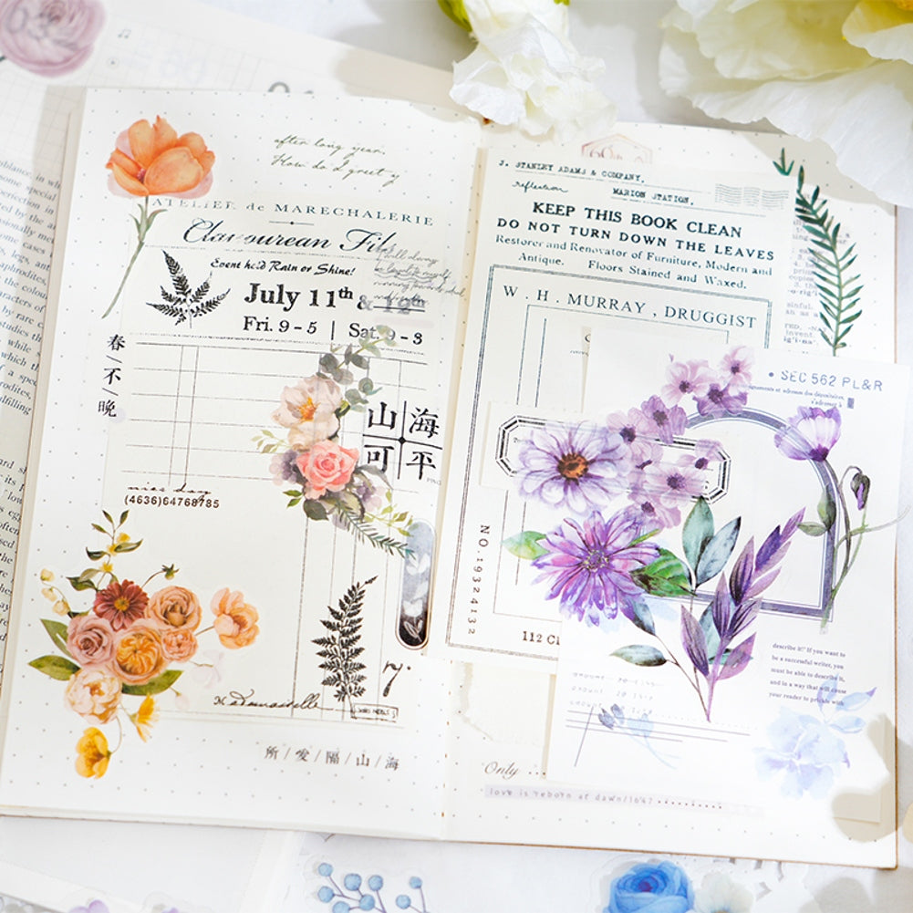 100 Pcs Watercolor Botanical Flowers Stickers - Purple