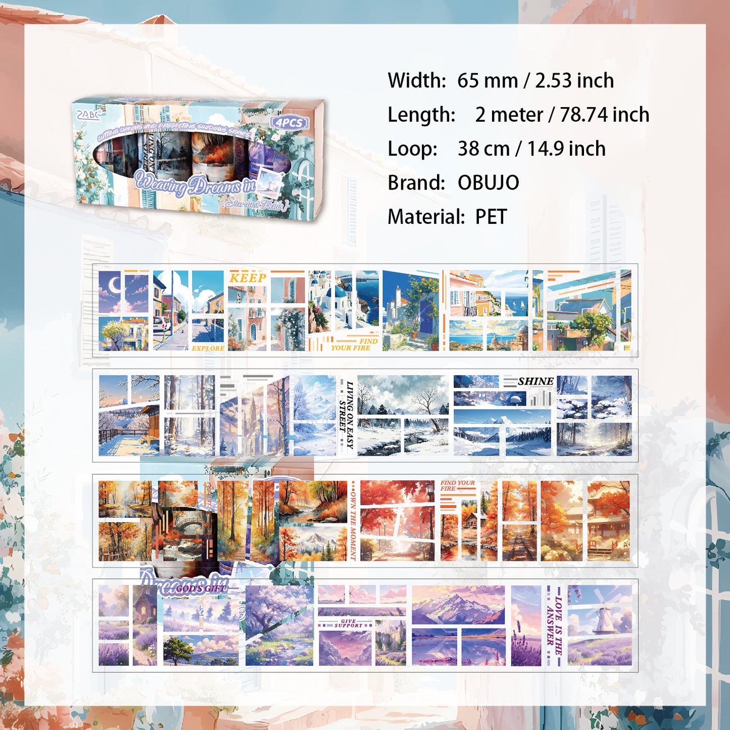 4 Rolls Natural Landscape PET Stickers Tapes Set JMTY