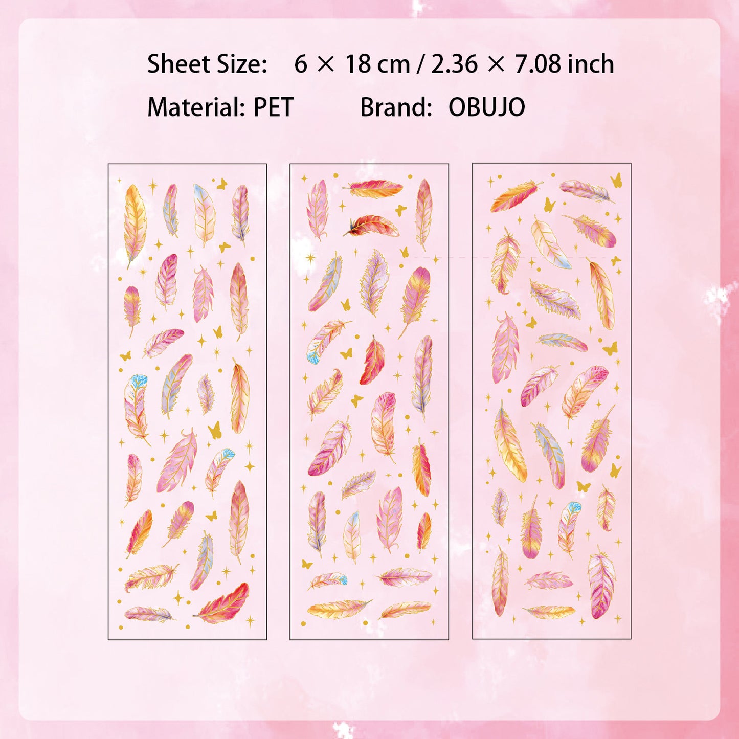 3 Sheets Gold Foil Feather PET Stickers YLWG