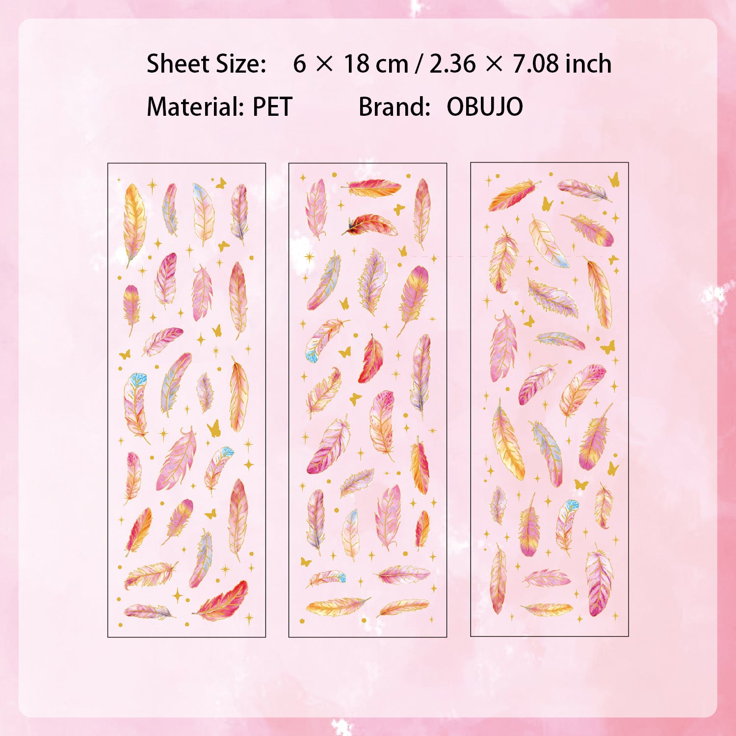3 Sheets Gold Foil Feather PET Stickers YLWG