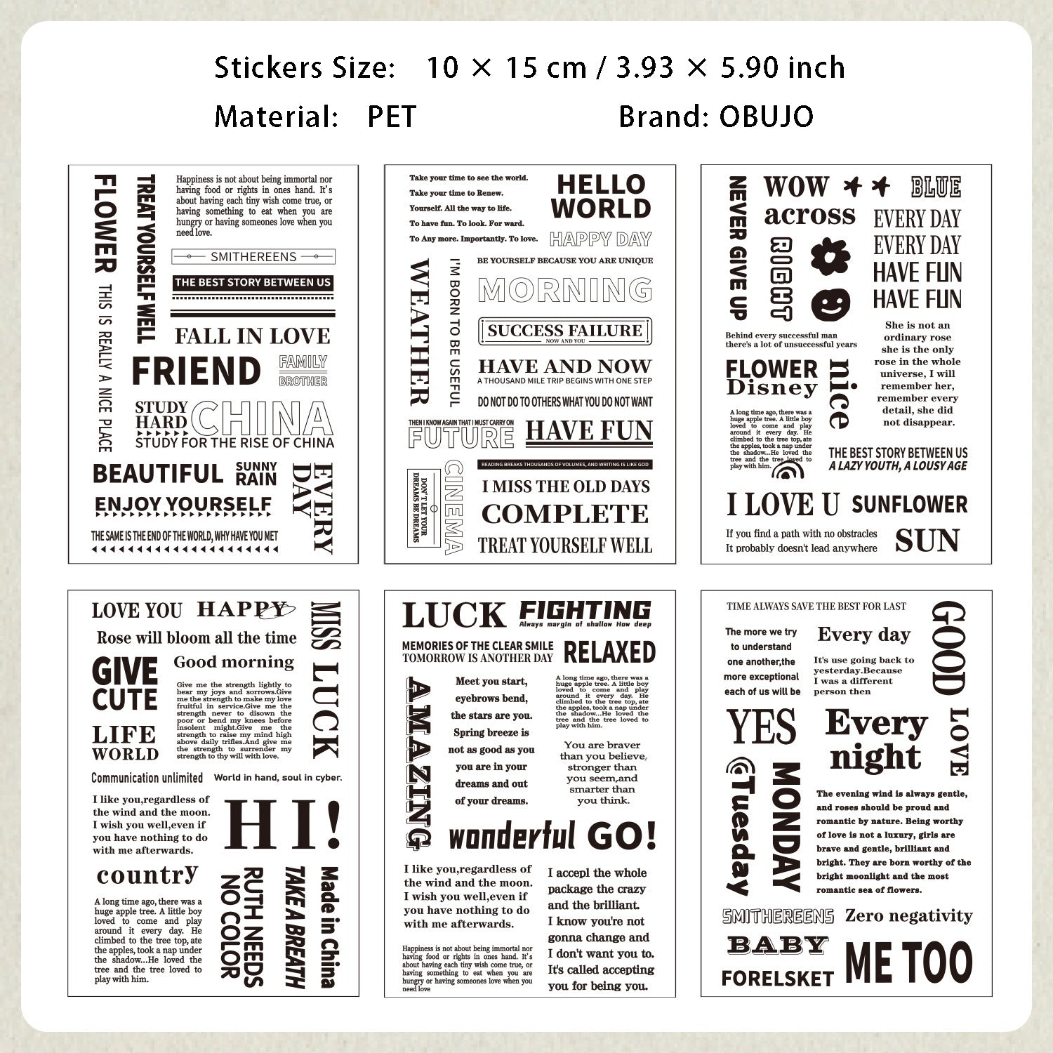 6 Sheets Quote Words PET Stickers JWLX