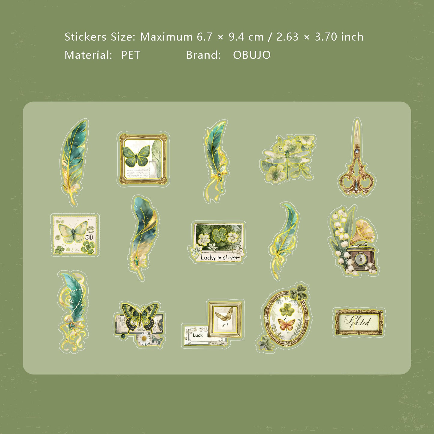 15 Pcs Gold Foil Vintage Feather PET Stickers YYPZ