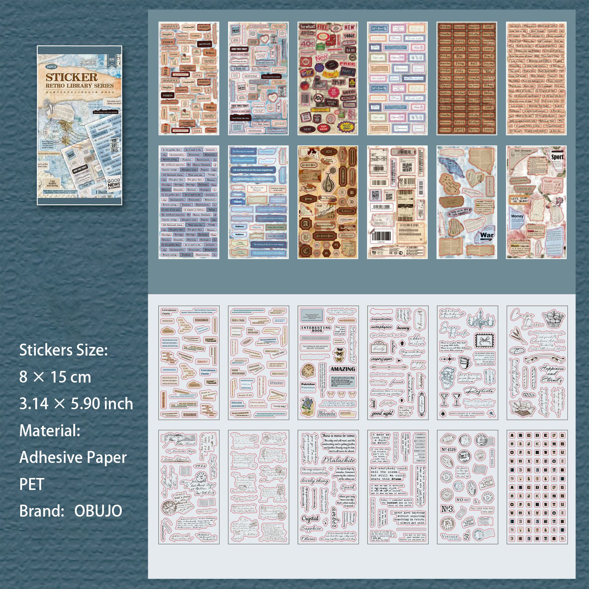 24 Sheets Vintage Words Quote Stickers Book FGCSS