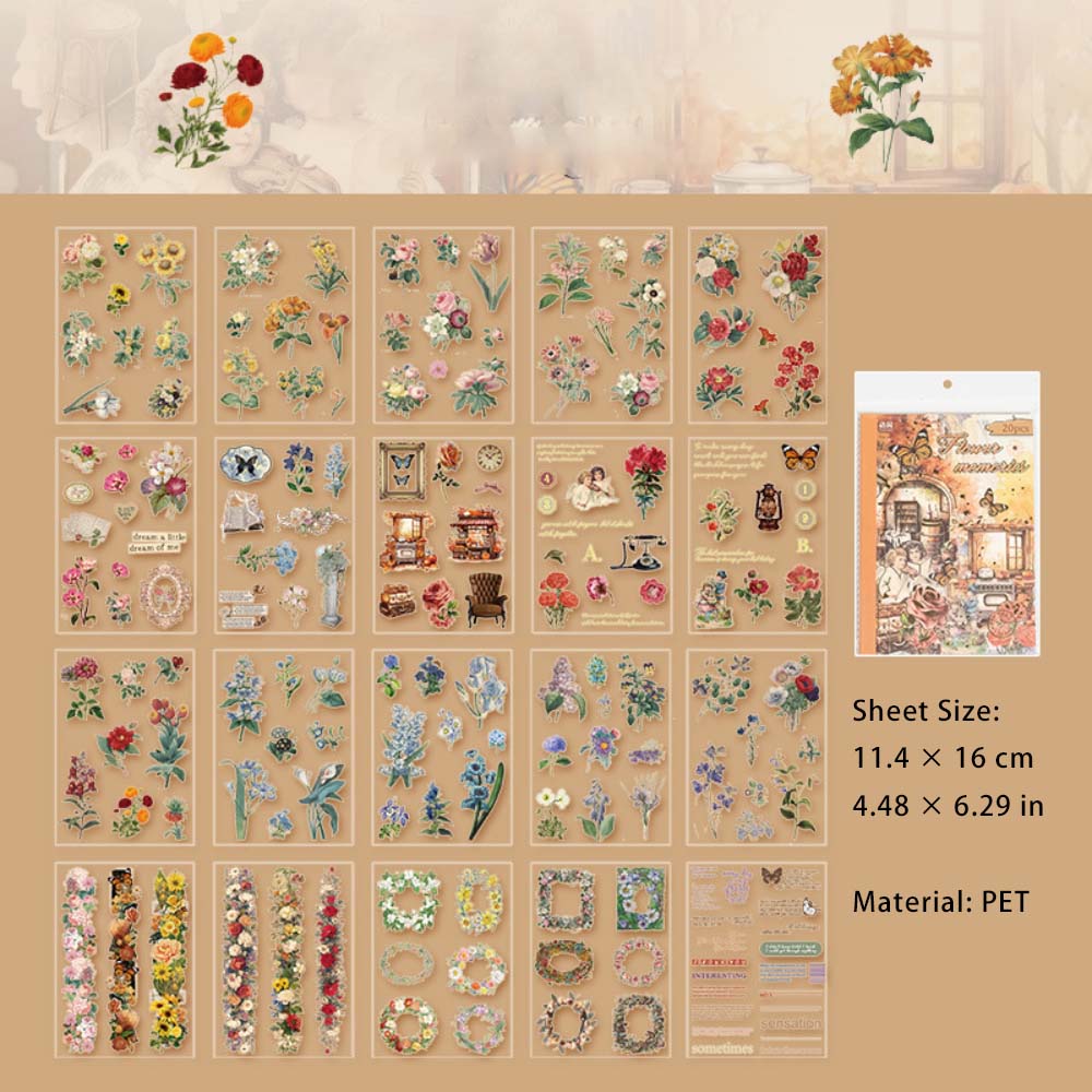 20 Sheets Botanical Flower PET Stickers Book ZXHY