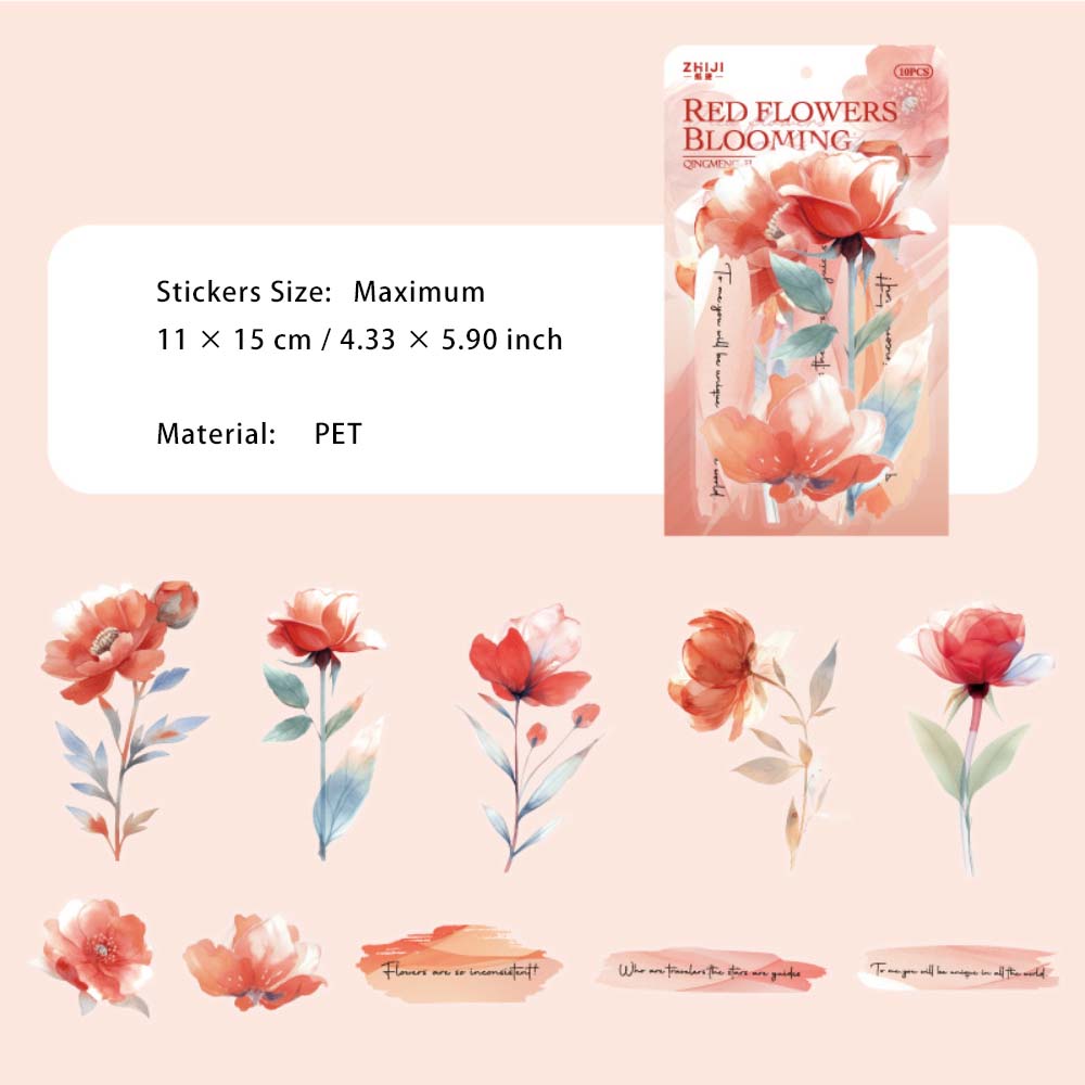 10 Pcs Watercolor PET Flower Stickers QMHD