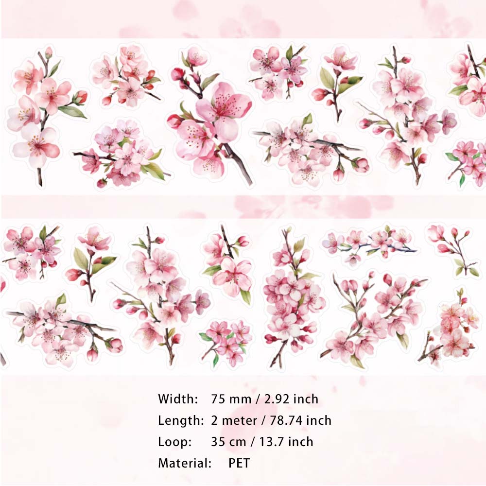 1 Roll Pre-cut Sakura Cheery Blossom PET Stickers Tape XDYJ