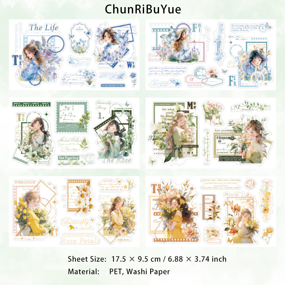 12 Sheets Girl Flower PET and Washi Stickers DFCRQ