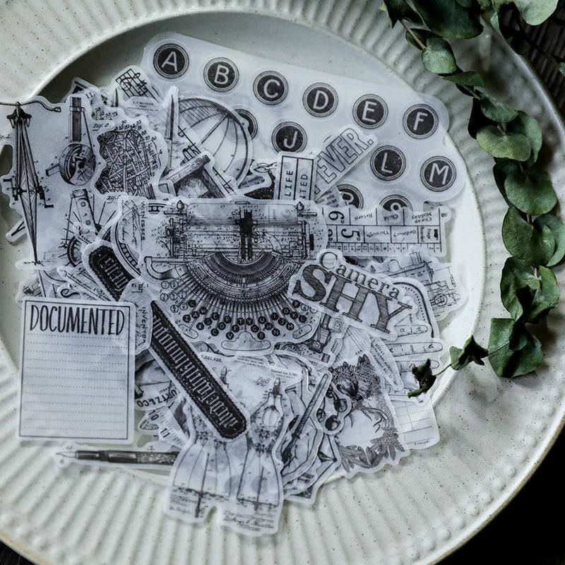 Black and white botanical mechanical and animal collage stickers