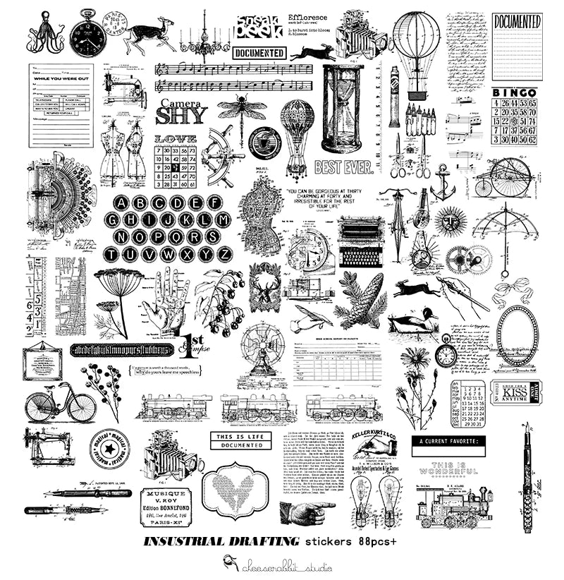 Monochrome vintage scrapbook decorative sticker collection
