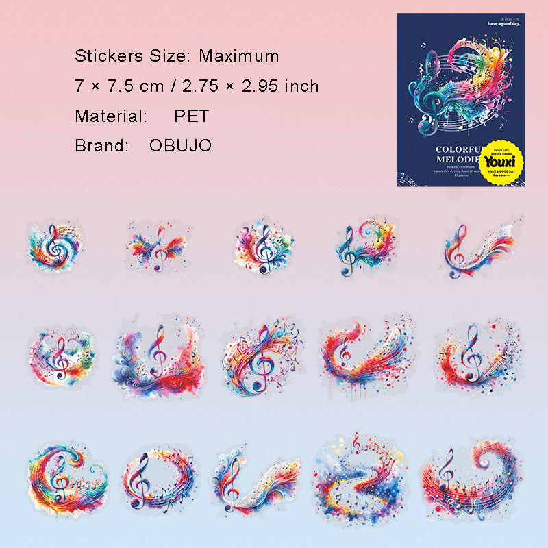 15 Pcs Watercolor Musical Notes PET Stickers CSXL