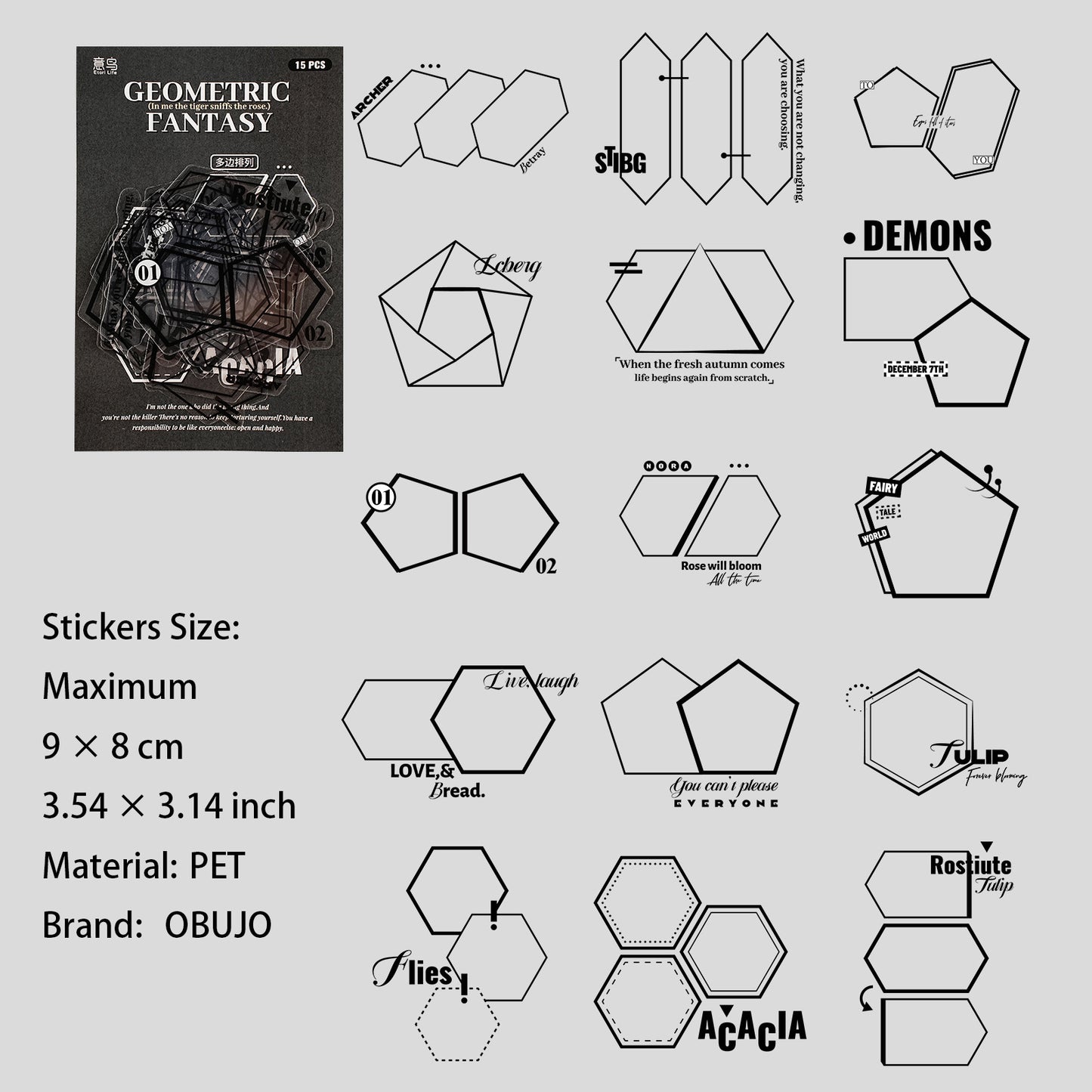 15 Pcs Geometric Patterned PET Stickers JHHX