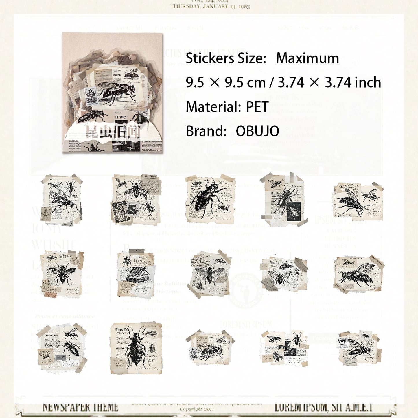 15 Pcs Vintage Newspaper PET Stickers PTJC