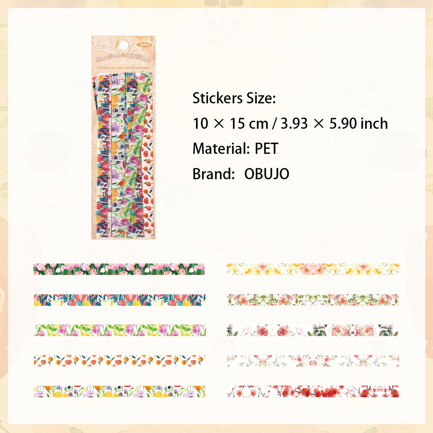 20 Pcs Floral Stripe PET Stickers HXCY