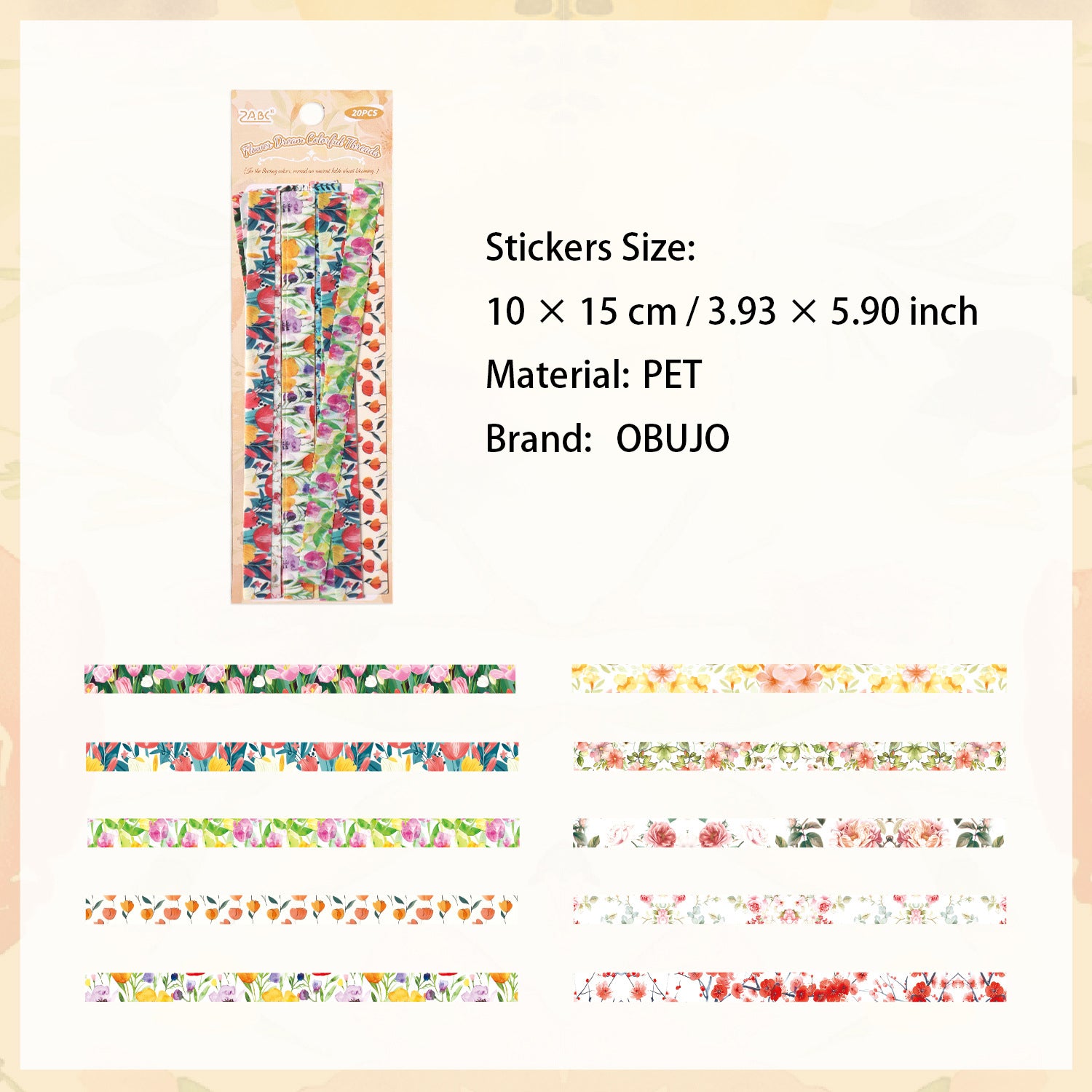 20 Pcs Floral Stripe PET Stickers HXCY