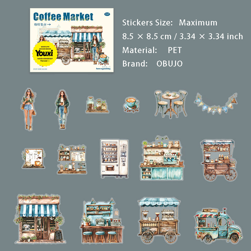 15 Pcs Coffee Theme PET Stickers KFJS