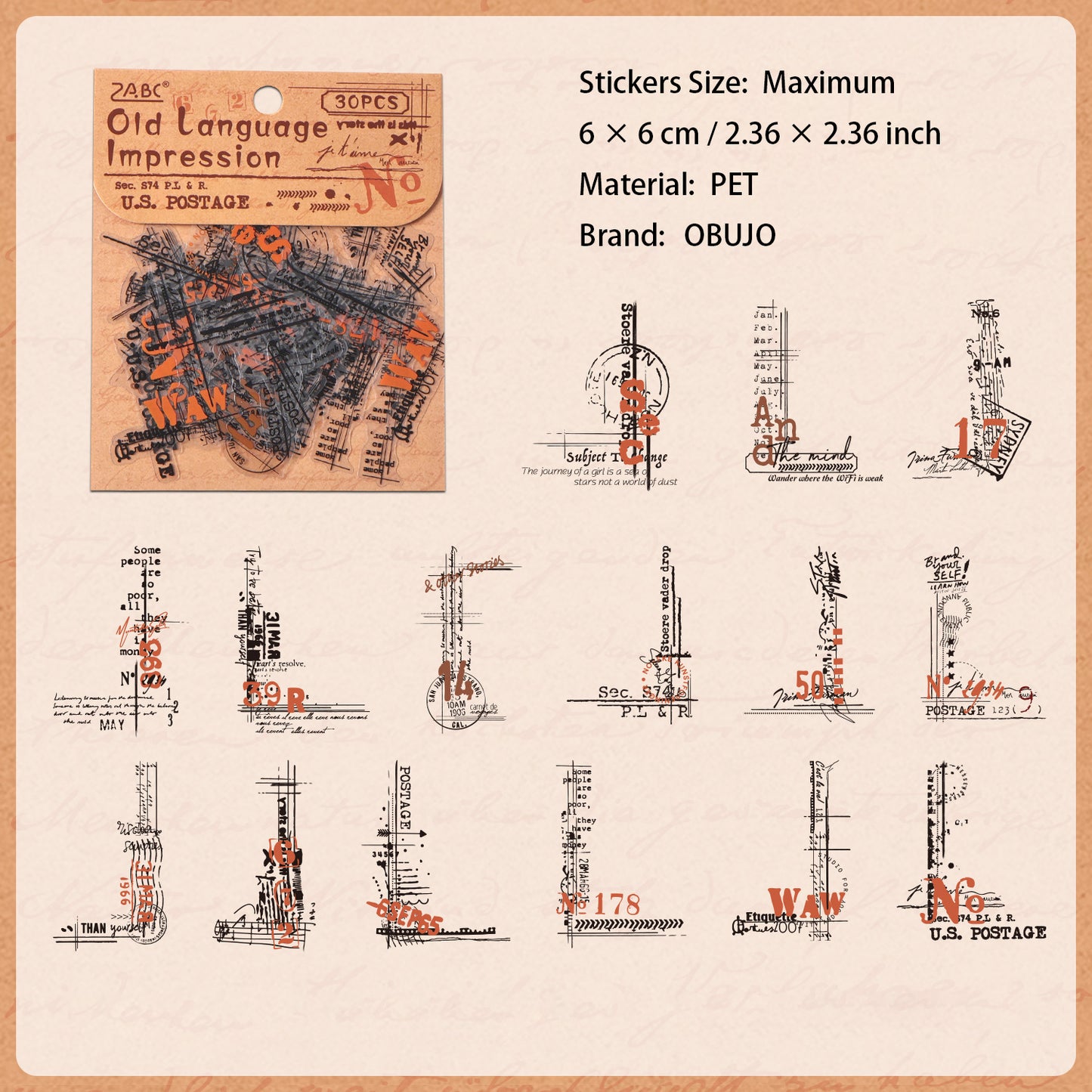 30 Pcs Vintage Collage PET Stickers BYWY