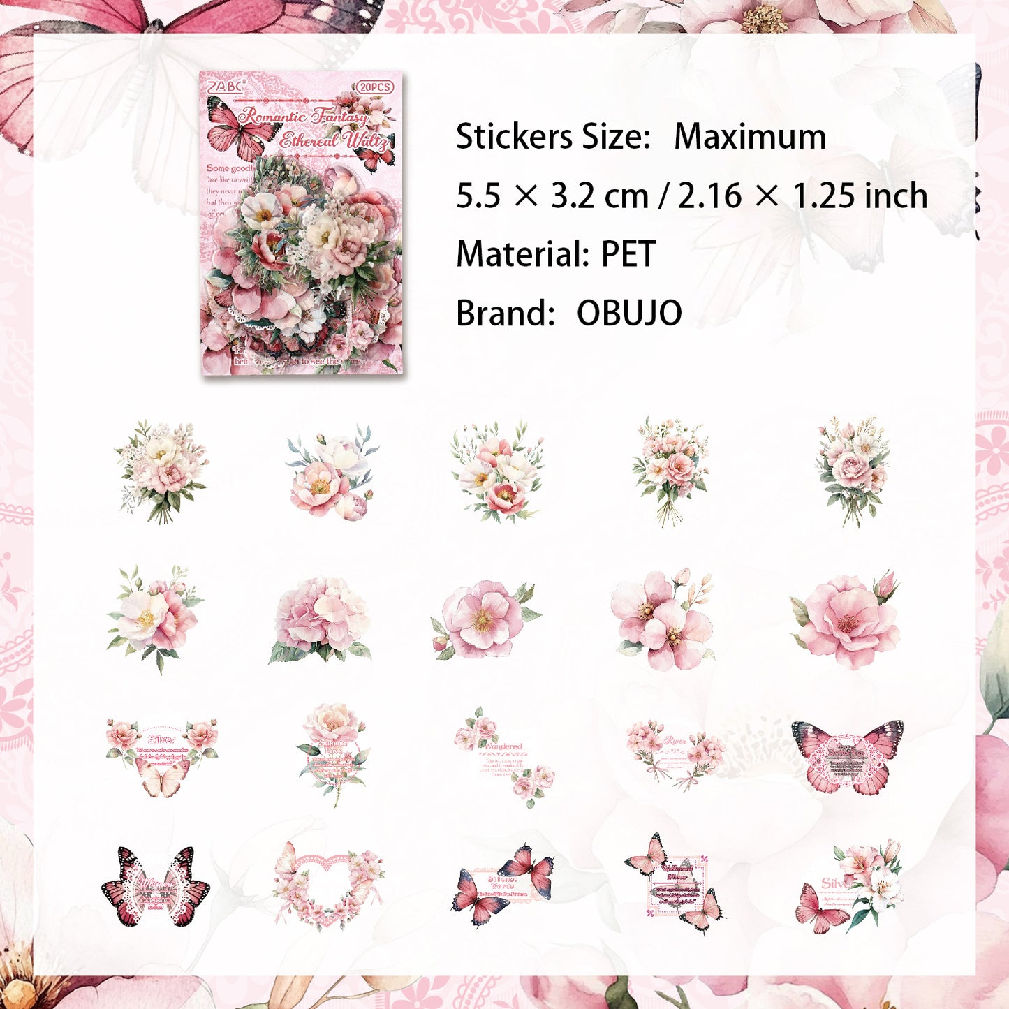 20 Pcs Vintage Flower PET Stickers FGHS