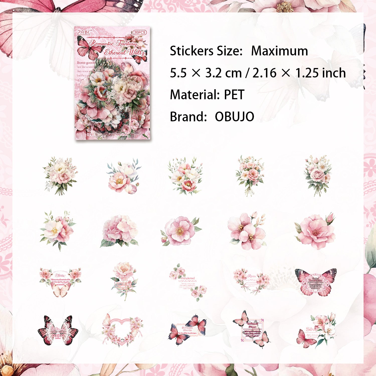 20 Pcs Vintage Flower PET Stickers FGHS
