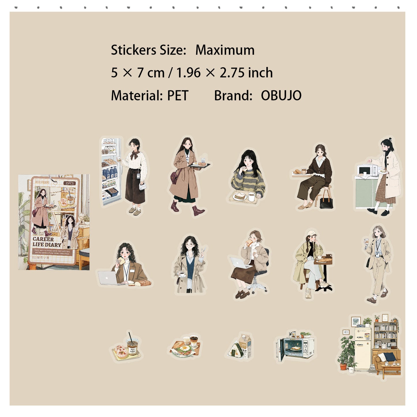 15 Pcs Daily Girl PET Stickers ZCXX