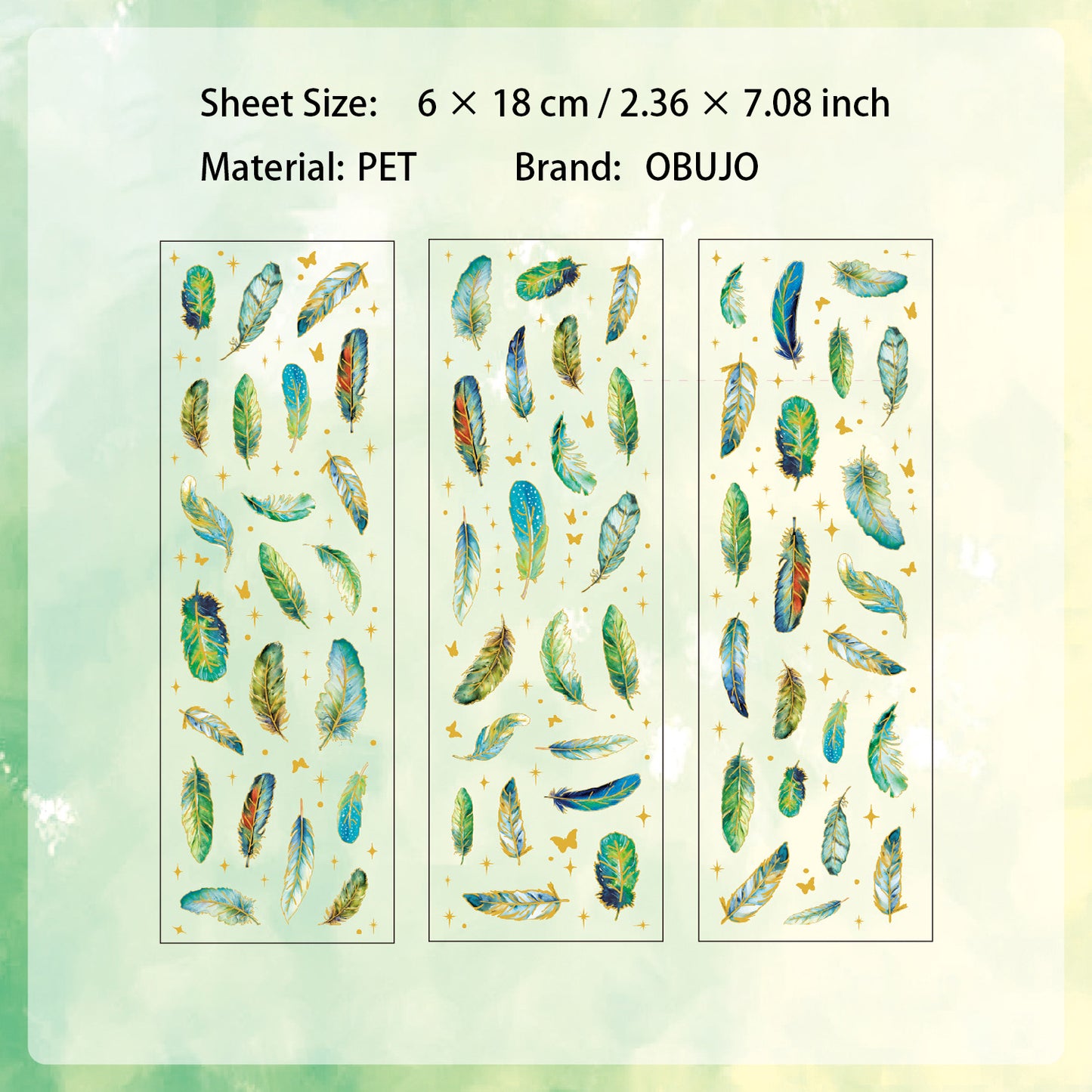 3 Sheets Gold Foil Feather PET Stickers YLWG
