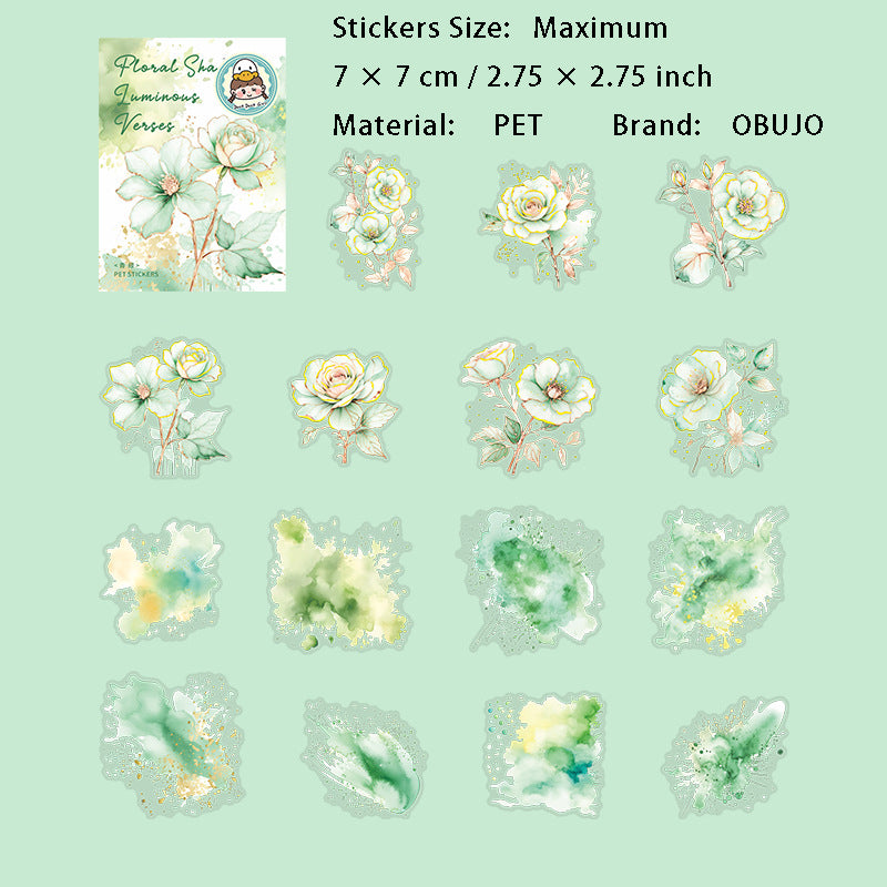 15 Pcs Glitter Watercolor Flower PET Stickers HYHZ