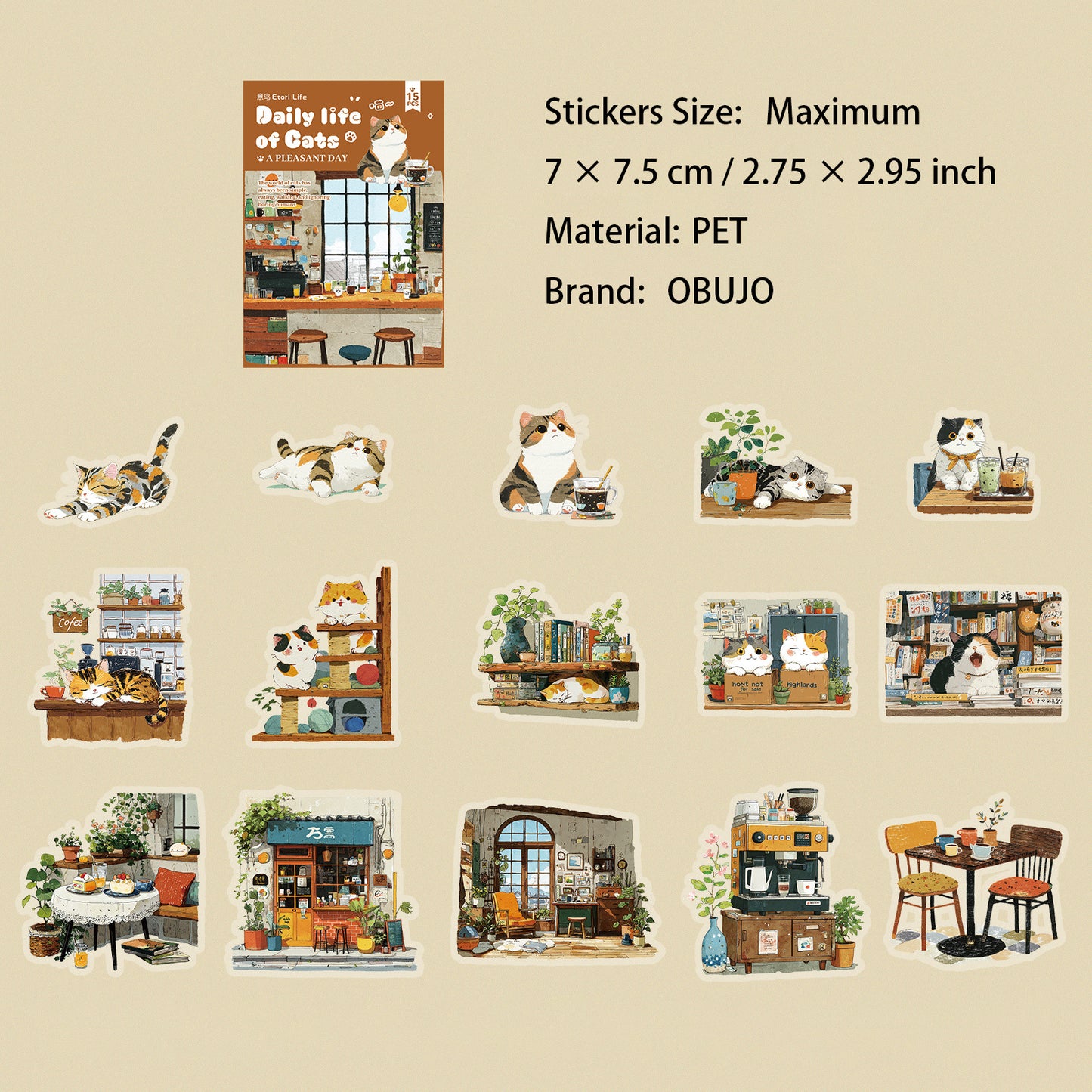 15 Pcs Cozy Cat PET Stickers MMRC