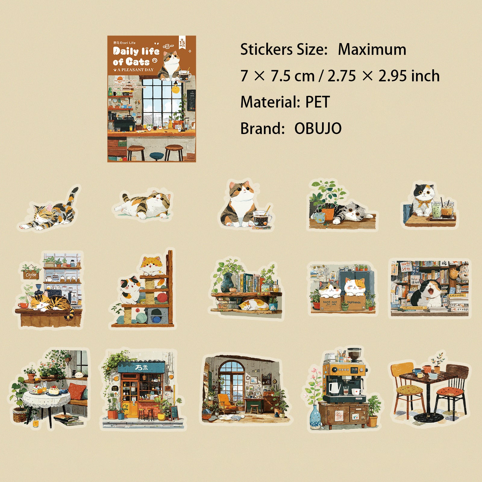 15 Pcs Cozy Cat PET Stickers MMRC